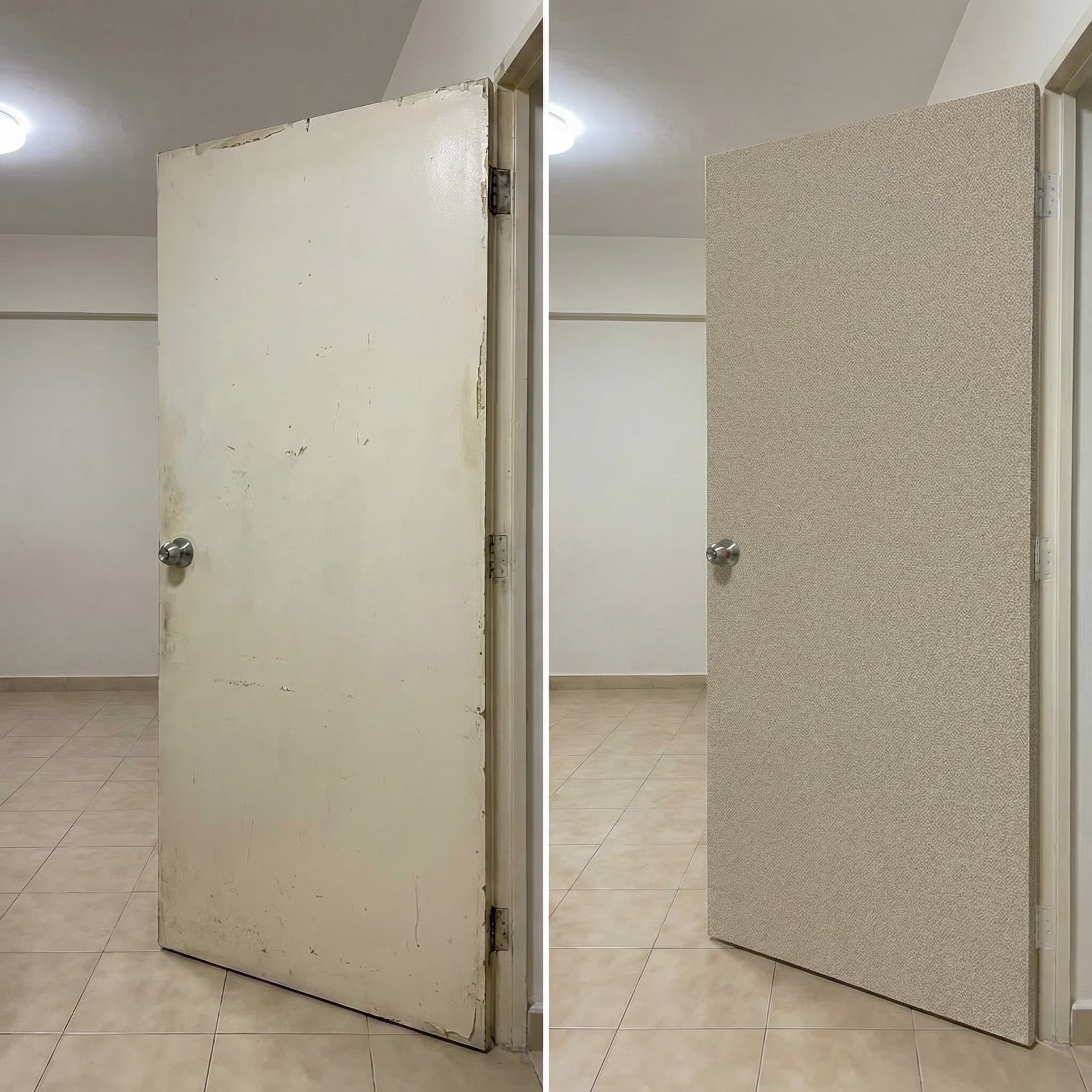 Door renovation showing before and after vinyl wrap application