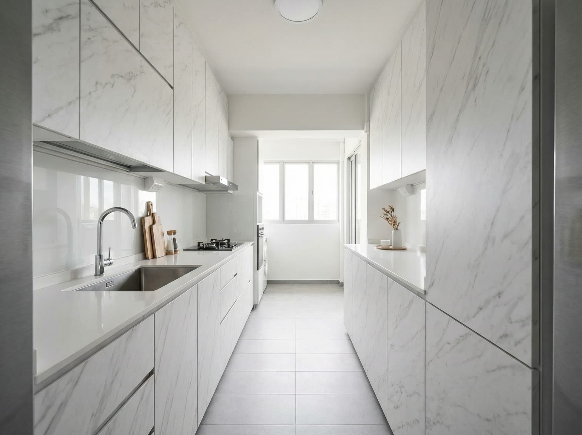Galley kitchen wrapped in white marble-finish surfaces